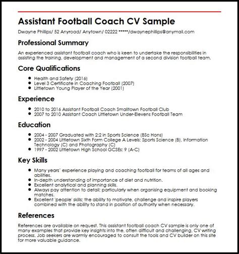 You can download and use these company profile templates for free. Assistant Football Coach CV Sample - MyPerfectCV