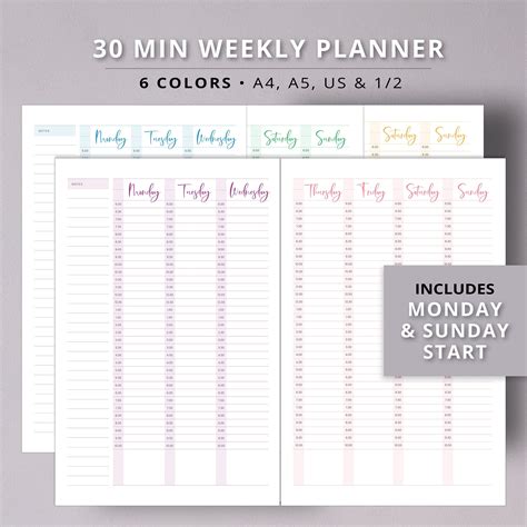Printable Weekly Planner Half Hour 2 Pages Pdf Undated Daily Etsy Uk