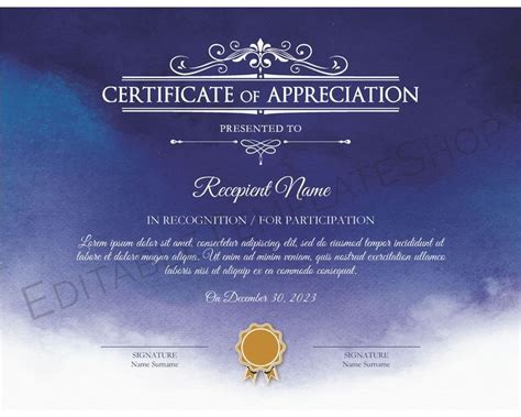 Printable Recognition Certificate Editable Certificate Of Recognition