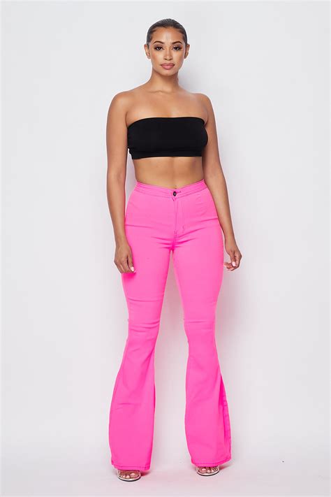 High Waisted Stretchy Bell Bottom Jeans Neon Pink
