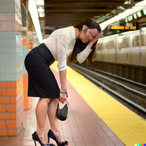 M × Dall·e 2 Tired Woman Stands Embarrassed On The Subway Platform