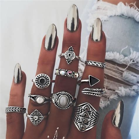 10pcsset Retro Punk Ethnic Rings For Women Bohemian Exaggerated Ring