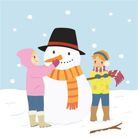 Premium Vector Happy Children Making A Snowman Character