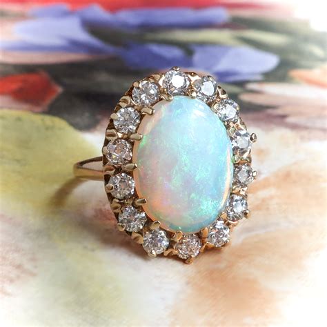 Antique Opal Diamond Ring Circa 1900s 494ct Tw European Cut Diamond