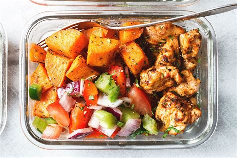 Baby red potatoes, green & red bell peppers, and an onion are covered in spices and roasted. Meal Prep - Roasted Chicken and Sweet Potato — Eatwell101
