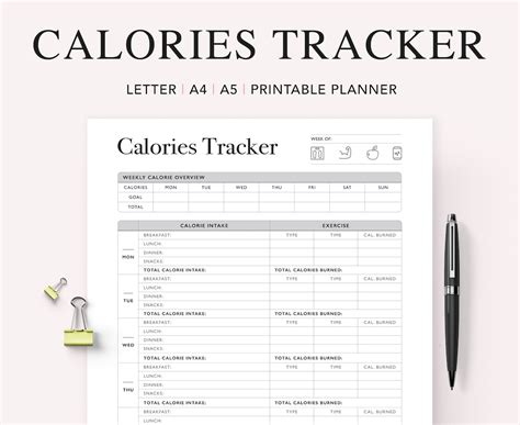 Calorie Tracker Printable Calories Journal Daily Weekly Calorie