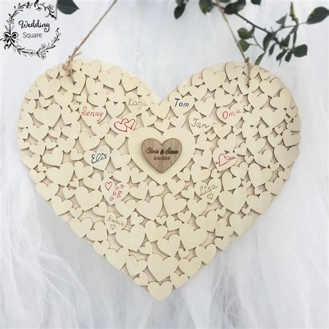 Wooden Heart Shape Customs Personalised Heart Wedding Guestbook Sign