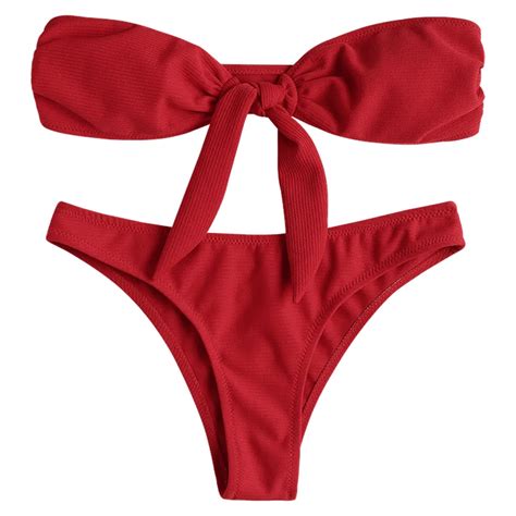 Zaful Bandeau Bikini Tie Front Red Bikini Sexy Push Up Strapless