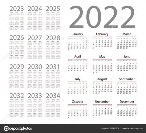 Calendario Simple 2022 Sobre Fondo Blanco Ilustración Vectorial Stock