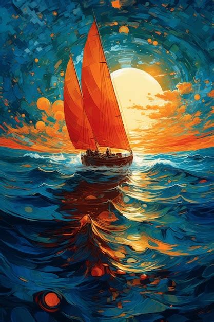 Premium Ai Image A Painting Of An Orange Sailboat In Water