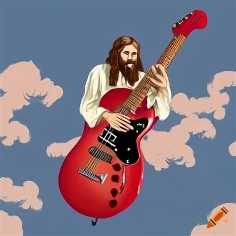 Image Of Jesus Playing A Red Guitar In The Sky On Craiyon