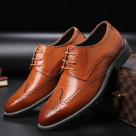 Classic Derby Shoes Men Leather Dress Carved Full Brogue Long Wing Lace