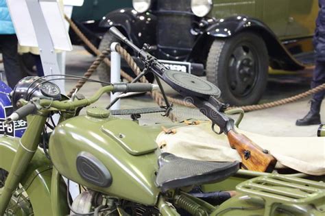 Old Motorcycle With Stroller And Machine Gun General View Editorial