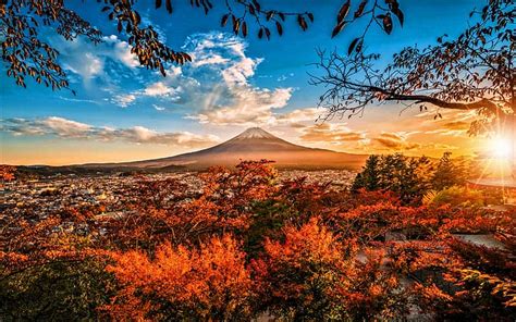 Hd Wallpaper Mount Fuji Japan Nature Sunset Mountains Trees