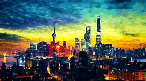 Shanghai Skyline Painting By Theo Westlake