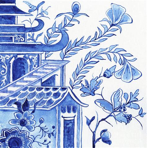 Chinoiserie Blue And White Pagoda Floral 1 Painting By Audrey Jeanne Roberts