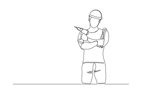 Continuous Line Drawing Of Young Handyman Wearing Uniform While Holding