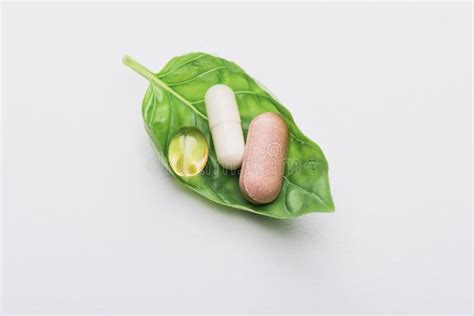 Pills On Green Leaf On White Stock Photo Image Of Health Pharmacy