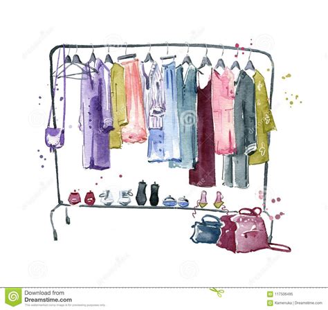 Man and woman clothes shop. Clothes Rail, Watercolour Illustration Stock Illustration ...