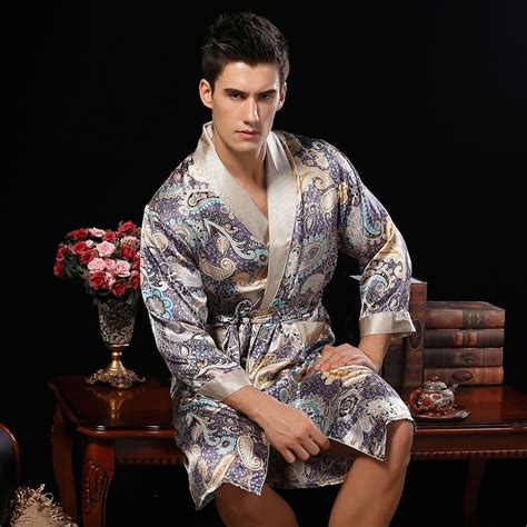 Male Silk Robe Long Sleeve Sleepwear High Quality 100 Silk Men Printed Bathing Robes Kimono