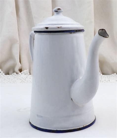 Vintage French White Enamel Porcelain Coffee Pot With Goose Neck Spout