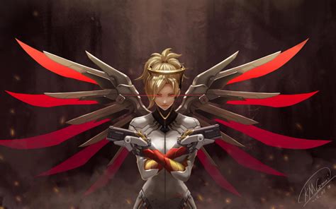 Download 1280x800 Wallpaper Mercy Overwatch Artwork Game Red Wings