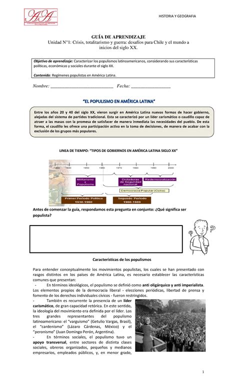 Guia 2º medio populismo GUÍA DE APRENDIZAJE Unidad N1 Crisis