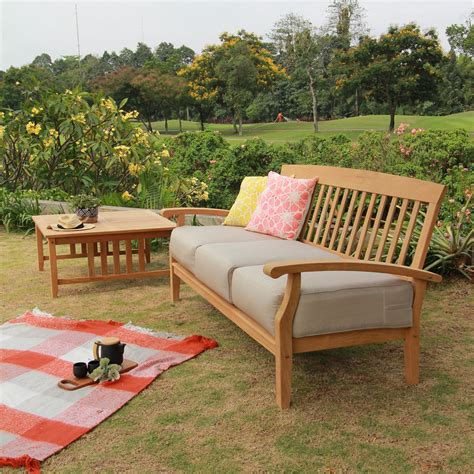 Caterina Solid Teak Wood Patio Sofa With Beige Cushion Cambridge Casual