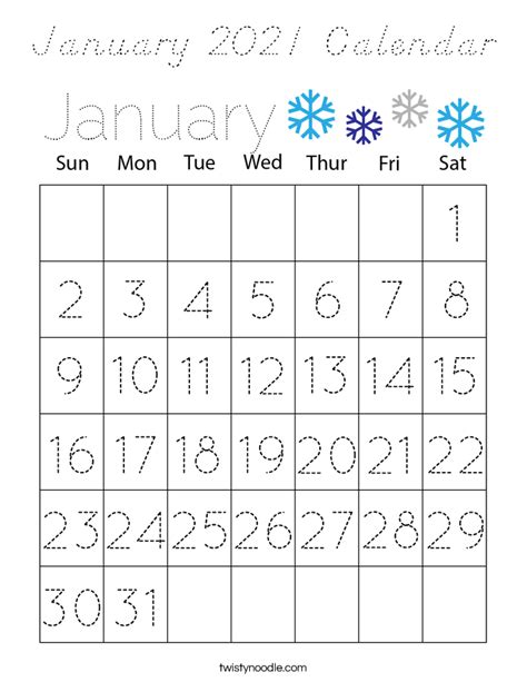 January 2021 Calendar Coloring Page Dnealian Twisty Noodle