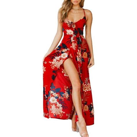 Red Floral Print Sexy Lace Up V Neck Maxi Backless Summer Dress