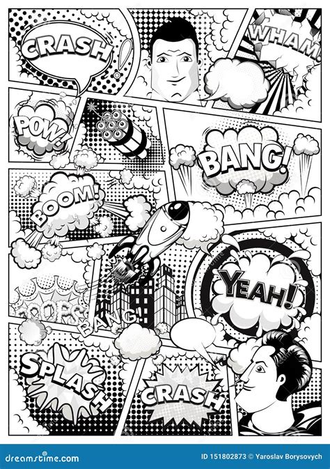 Black And White Comic Book Page Divided By Lines With Speech Bubbles Rocket Superhero Hand And