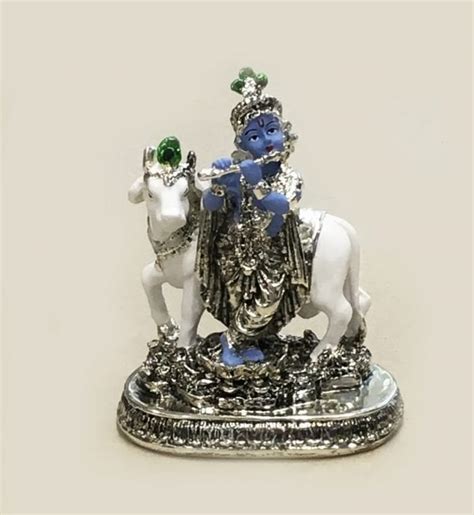Beautiful Silver Krishna With Cow Idol Blue And White 55″ Resin