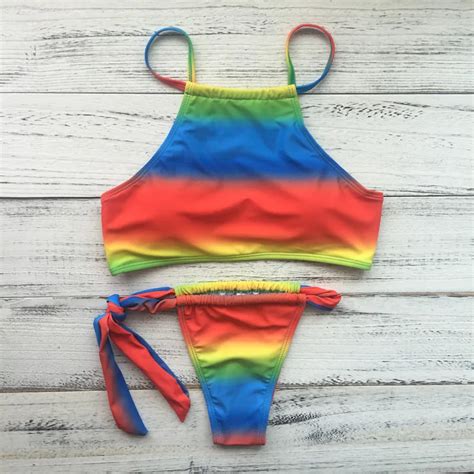 Rainbow High Leg Bikini Set High Waist Cut Strapless Stripe Bandeau