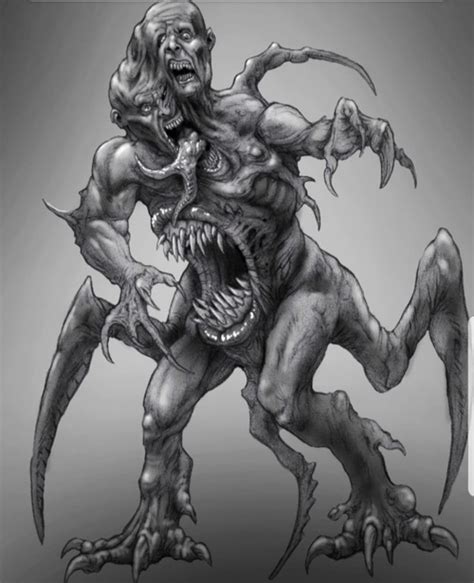 A Drawing Of A Demon With Large Teeth And Fangs On Its Back Legs