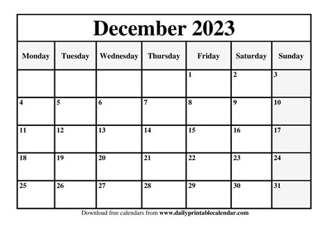 Printable December 2023 Calendar Template Pdf And Word