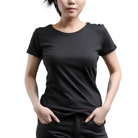 Stylish Psd Template Women Wearing Blank Black T Shirt With Clipping
