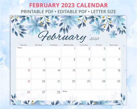 February Calendar Monday Tuesday Wednesday Winter Flowers Flower