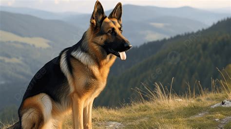 German Shepherd Dog Standing On A Hillside With Mountain Views