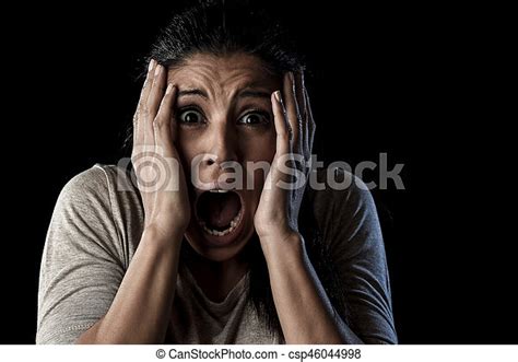 Close Up Portrait Young Attractive Latin Woman Screaming Desperate Screaming In Primal Fear