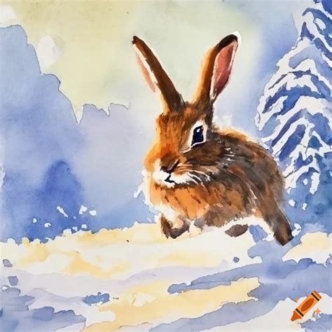 Watercolor Painting Of A Running Rabbit In The Snow