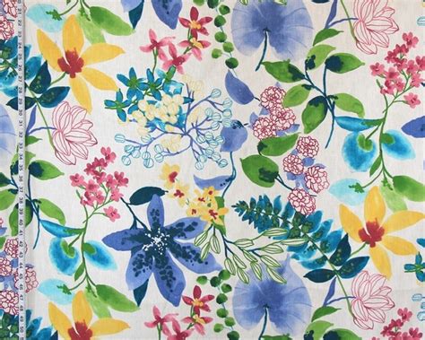 Tropical Floral Fabric Orchids Watercolor White Linen Tropical