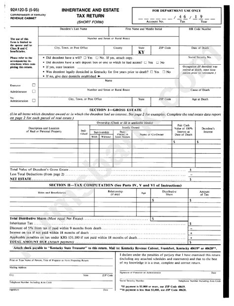 Form 92a120 S 5 95 Inheritance And Estate Tax Return Printable Pdf
