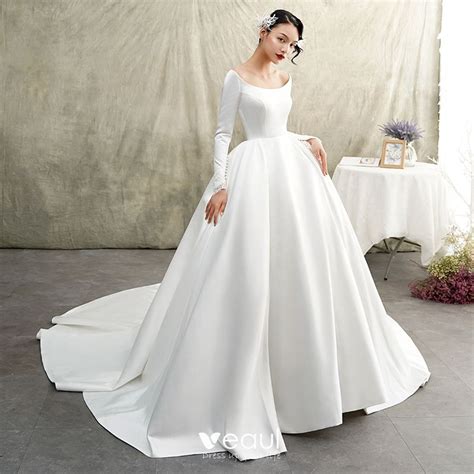 Vintage Retro Ivory Satin Winter Wedding Dresses 2019 Princess Scoop