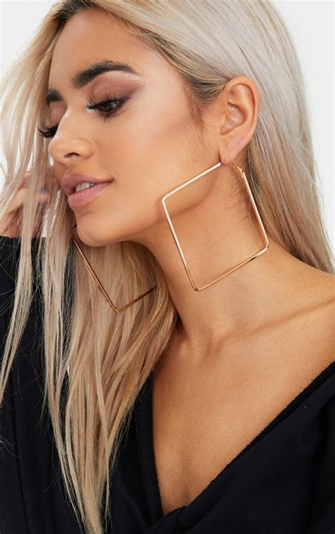 Gold Large Square Hoop Earrings Accessories Prettylittlething Usa