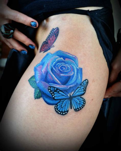 Gorgeous 3d Butterfly And Blue Rose Tattoos