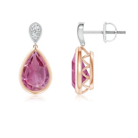 Bezel Set Pink Tourmaline Teardrop Earrings With Diamond Angara