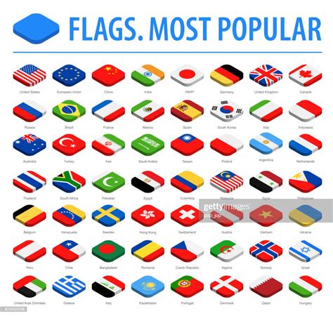 World Flags Vector Isometric Rounded Square Flat Icons Most Popular