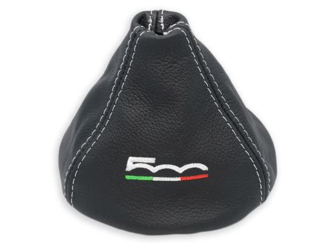 Gear Stick Gaiter For Fiat 500 Black Leather Embroidery 500 White Italy