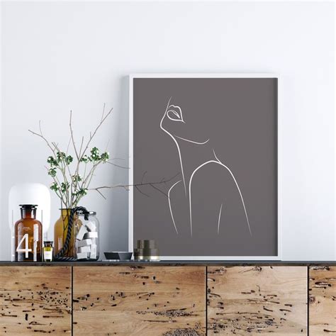 Gray Minimal Line Art Monochrome Wall Art Line Art Woman Etsy