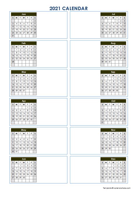 2021 Blank Yearly Calendar Template Vertical Design Free Printable
